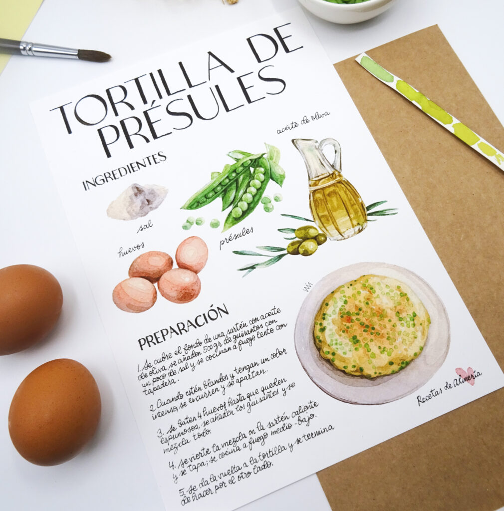 Receta ilustrada de la tortilla de présules de Dalías en acuarela. Colección Recetas de Almería