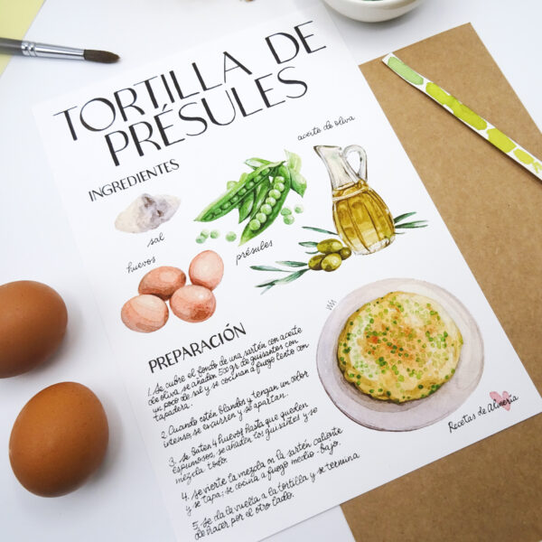 Receta ilustrada de la tortilla de présules de Dalías en acuarela. Colección Recetas de Almería