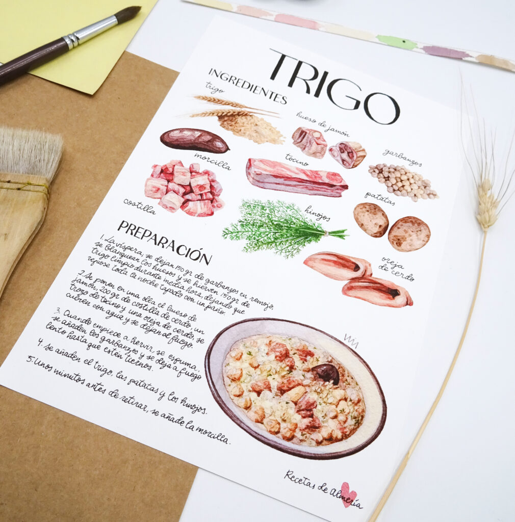 Receta ilustrada del trigo almeriense en acuarela. Colección Recetas de Almería