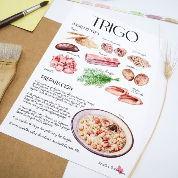 Receta ilustrada del trigo almeriense en acuarela. Colección Recetas de Almería